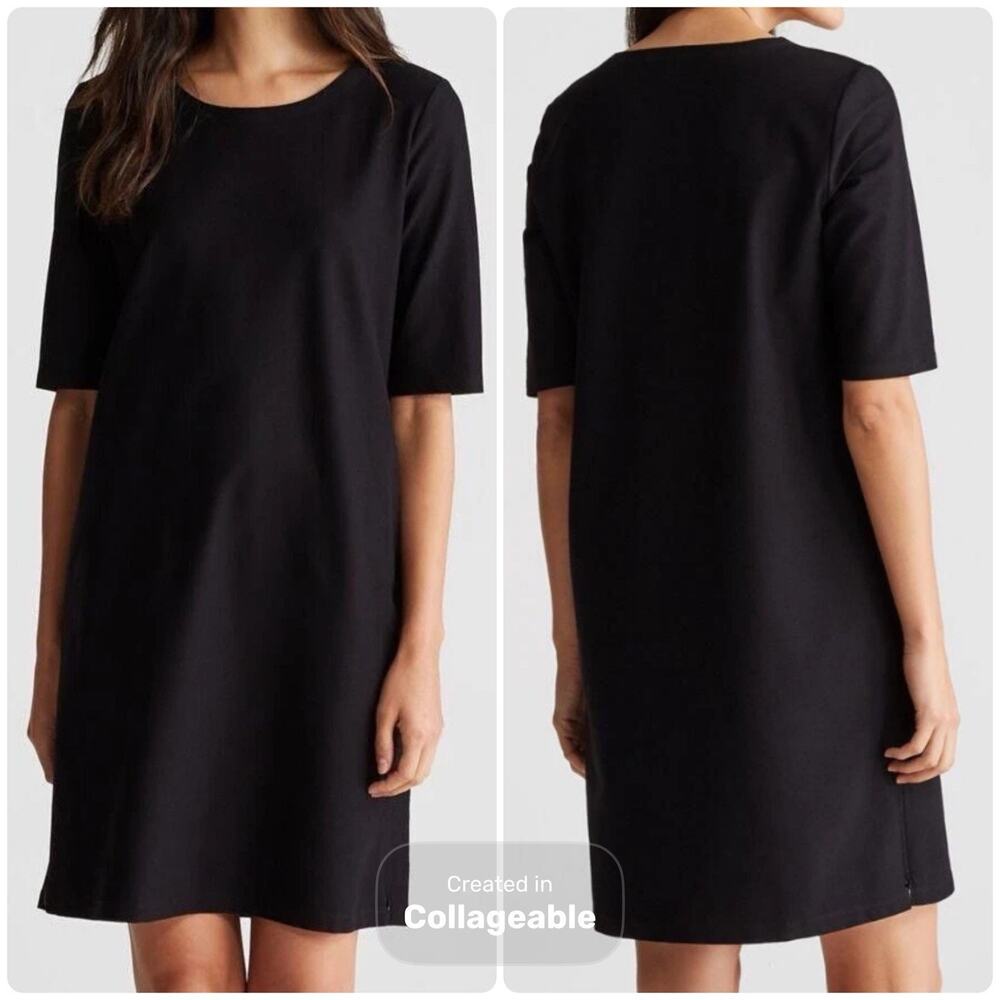 Eileen Fisher Black Washable Stretch Crepe Round Neck Knee Length Dress Sz Large